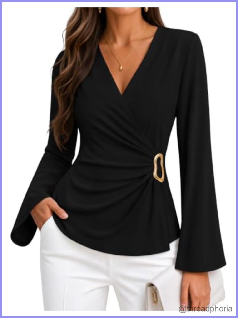 Women's Wrap Blouse Bell Long Sleeve V-Neck Ruched Business Casual Top